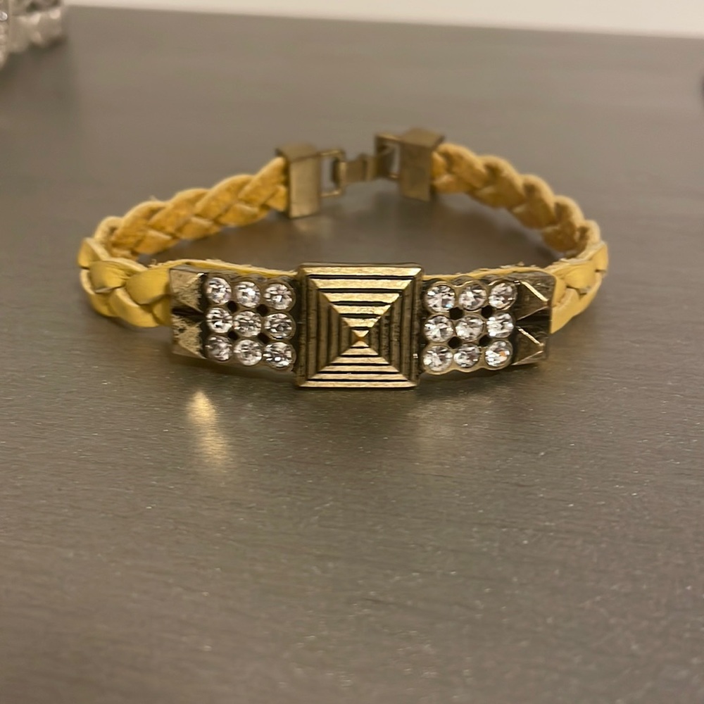 Lia Sophia “Confidant” Yellow Braided Leather Matte Gold Wrap Bracelet NEW